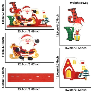 Detail of wooden Christmas JOY puzzle featuring Santa sled and cabin with dimensions