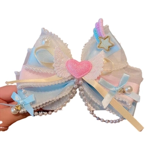 Pastel multilayer lace bow hair clip with winged heart and pearls for girls
