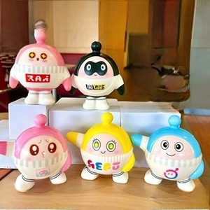 Detailed set of six colorful Eggy Party character squishy toys on white blocks