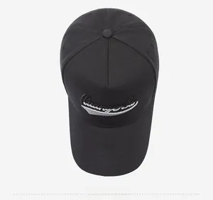 Top down view of black baseball cap with premium 3D embroidery and structured panels
