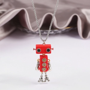 Hip hop red movable robot necklace with silver Eiffel Tower base feet on white background