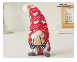 Christmas female gnome plush with knit heart hat and long beard holiday table decor