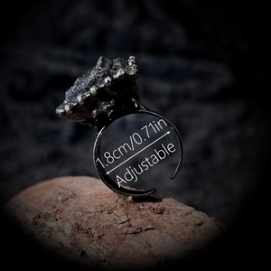 Vintage irregular black tourmaline adjustable ring with silver plated gothic texture