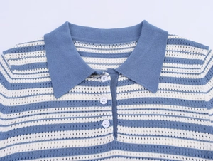 Detailed view of the blue and white striped knit Polo collar with three white buttons