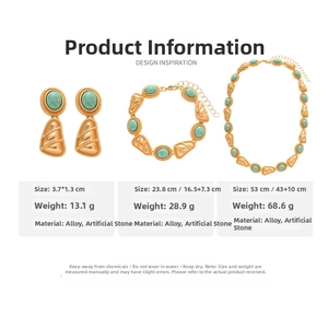 Detailed view of vintage jewelry set with turquoise stones and dimensions in cm