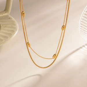 Collier Double Rangée Plqué Or 18k Acier Inoxydable Perles Ovales Géométrique Minimaliste Bijoux Pour Femmes