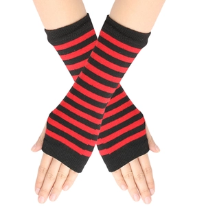 Close-up of red and black striped knitted fingerless arm warmers with thumb hole