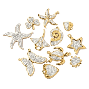 Set of gold stainless steel pendants with rhinestones in heart and starfish shapes
