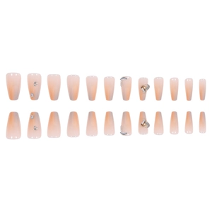 Pink gradient press-on nails set with heart rhinestones and glitter in trapezoid shape