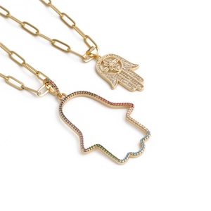 Hamsa Hand Pendant Necklace Copper Gold Plated Colorful Zirconia Evil Eye Paperclip Chain Boho Jewelry For Women