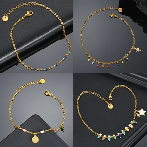 Set of four 304 stainless steel gold anklets with colorful beads and charms in a grid layout