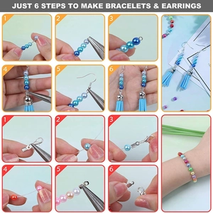 DIY jewelry kit with 6mm pearls, blue tassels, and hooks for bracelets and earrings