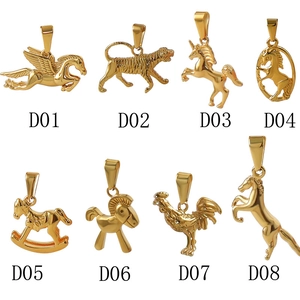 Set of 8 gold stainless steel animal pendants featuring tigers and horses on white background