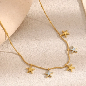 Stainless Steel Starfish Pendant Necklace 18K Gold Plated Colorful Enamel Sea Animal Beaded Snake Chain Jewelry For Women