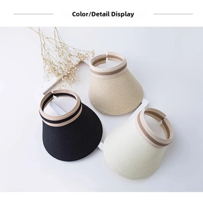 Vista dettagliata di visiere in paglia intrecciata nera e beige con fascia elastica