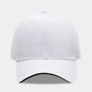 Detailed close-up of a white cotton baseball cap showing the black sandwich brim detail