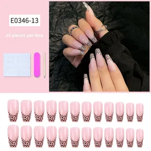 Détails de 24 faux ongles longs ballerine roses avec pointes french imprimé léopard noir