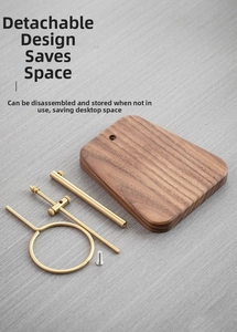 Disassembled solid wood and brass coffee dripper stand parts with adjustable design
