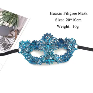 Detailed blue lace masquerade mask with floral embroidery pattern measuring 20x10cm