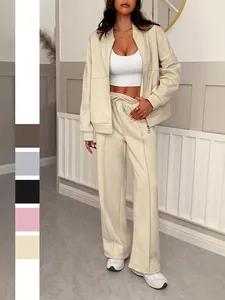Women Solid Color Polyester Full Zip Stand Collar Jacket And High Waist Wide Leg Pants Casual Lounge Streetwear Outfits