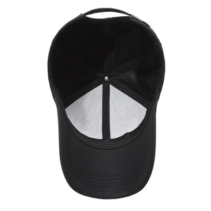 Inside view of a black six-panel baseball cap with reinforced seams and adjustable strap