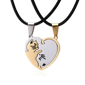 Titanium steel couple cat necklaces with interlocking gold and silver heart pendants