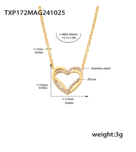Tabella taglie per collana cuore oro con ciondolo zircone 17x15mm e misure dettagliate catena