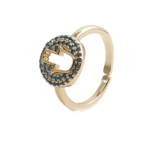Golden Hamsa hand ring with blue stone accents and adjustable band for women