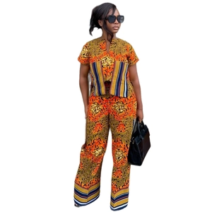 Women's African ethnic print 2-piece set with V-neck short sleeve top and casual pants