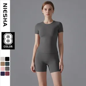 Ensemble de Yoga Séchage Rapide pour Femmes Coupe Slim Haut Manches Courtes et Short Cycliste Tenue de Sport Deux Pièces