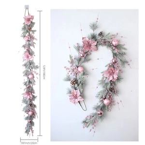 Pink frosted Christmas garland with flocked pine needles and ornaments, 5.9ft long