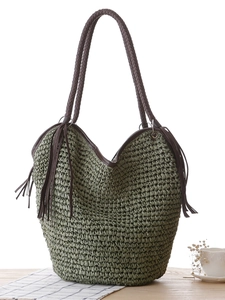 Women New Paper Rope Woven Shoulder Bag Large Capacity Tassel Decor Beach Holiday Tote Casual Handcrafted Handbag