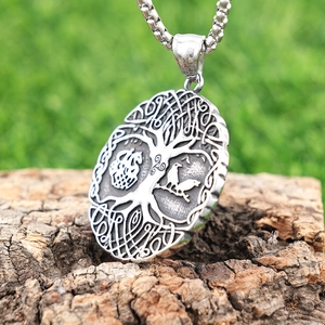 Polished silver stainless steel Tree of Life pendant with Viking runes and ravens