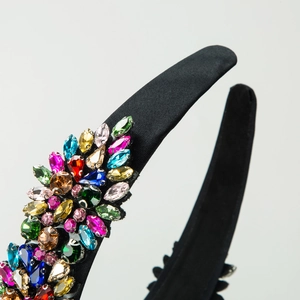 Retro black satin headband featuring colorful marquise-cut rhinestones in floral patterns