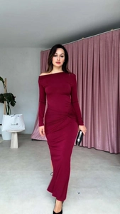 Detail of burgundy off-shoulder dress featuring waist knot gathering and long sleeves