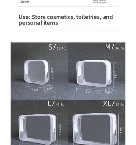 Detailed size chart for clear PVC waterproof toiletry bags in S, M, L, and XL sizes