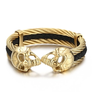 Men's gothic skull leather bracelet with gold cable twist and black braided steel band