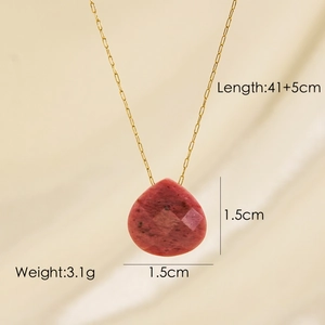 Detailed view of teardrop pink stone pendant with 41+5cm gold chain specs and weight