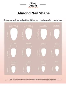 Size guide for almond-shaped press-on nails showing 12 dimensions and 24-piece count