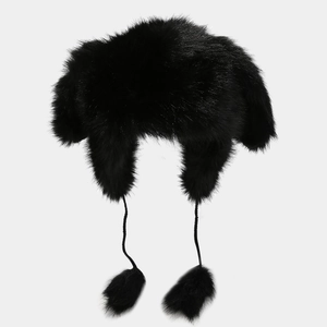 Warm black faux fur trapper hat with cute rabbit ears and plush pom-poms for winter