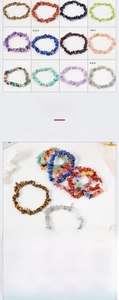 Detailed grid of natural crushed crystal bracelets including amethyst and moonstone textures