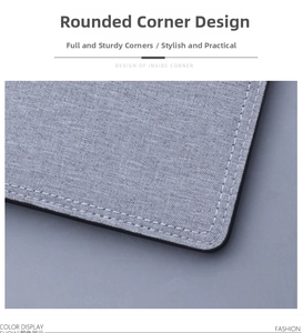 Macro shot of the rounded corner and white double-stitch detail on a grey canvas wallet