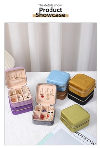 Detail of colorful velvet jewelry boxes with multi-slot interior and metal zipper