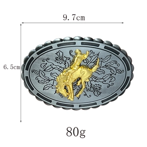Oval zinc alloy western cowboy belt buckle with gold horse racing motif on silver base