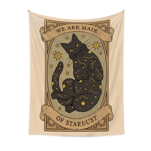 Bohemian black cat tapestry featuring golden constellations and stardust quote for wall decor