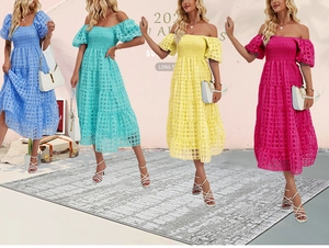 Collage of four tiered beach dresses in blue, cyan, yellow, and fuchsia colors