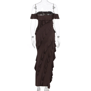 Detail of dark brown off-shoulder dress with elegant slanted cascading ruffle trim