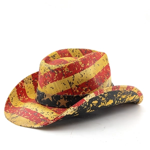 Detail of US flag cowboy hat featuring vintage woven stars and red stripes patterns