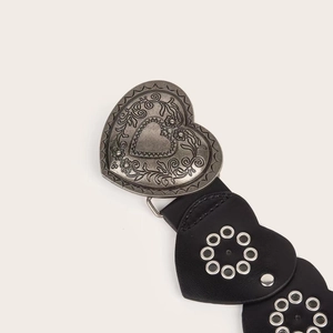 Vintage style black PU leather belt with antique silver heart buckle and floral engraving