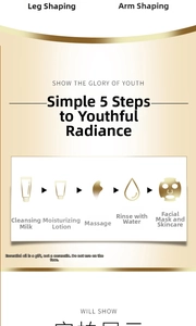 Five-step facial massage guide showing cleanser, lotion, and skin care routine detail